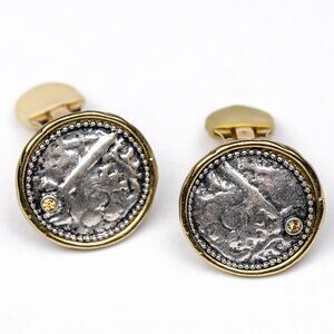 Vintage Chicos Mixed Metal Faux Ancient Coin Clip On Earrings Rhinestone